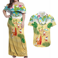 Hawaiian Mele Kalikimaka Couples Matching Off Shoulder Maxi Dress and Hawaiian Shirt Tropical Plumeria and Lei Funny Santa Beach - Polynesian Pride