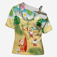 Hawaiian Mele Kalikimaka Cross Shoulder Shirt Tropical Plumeria and Lei Funny Santa Beach - Polynesian Pride