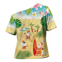 Hawaiian Mele Kalikimaka Cross Shoulder Shirt Tropical Plumeria and Lei Funny Santa Beach - Polynesian Pride