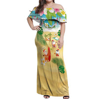 Hawaiian Mele Kalikimaka Off Shoulder Maxi Dress Tropical Plumeria and Lei Funny Santa Beach - Polynesian Pride