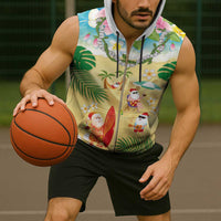 Hawaiian Mele Kalikimaka Sleeveless Zip Hoodie Tropical Plumeria and Lei Funny Santa Beach - Polynesian Pride