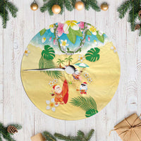 Hawaiian Mele Kalikimaka Tree Skirt Funny Santa Claus on Beach with Tropical Plants and Lei - Polynesian Pride