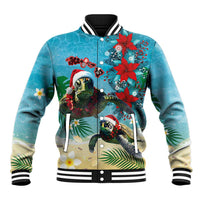 Hawaiian Mele Kalikimaka Baseball Jacket Tropical Xmas Turtles Red Poinsettia Watercolor - Polynesian Pride