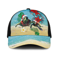 Hawaiian Mele Kalikimaka Baseball Net Cap Xmas Turtles and Tropical Plants with Red Poinsettia Watercolor Style - Polynesian Pride
