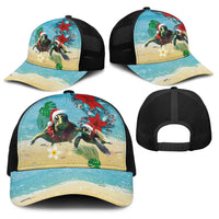 Hawaiian Mele Kalikimaka Baseball Net Cap Xmas Turtles and Tropical Plants with Red Poinsettia Watercolor Style - Polynesian Pride