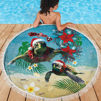Hawaiian Mele Kalikimaka Beach Blanket Tropical Xmas Turtles Red Poinsettia Watercolor - Polynesian Pride