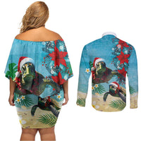Hawaiian Mele Kalikimaka Couples Matching Off Shoulder Short Dress and Long Sleeve Button Shirt Tropical Xmas Turtles Red Poinsettia Watercolor - Polynesian Pride