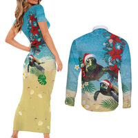 Hawaiian Mele Kalikimaka Couples Matching Short Sleeve Bodycon Dress and Long Sleeve Button Shirt Tropical Xmas Turtles Red Poinsettia Watercolor - Polynesian Pride