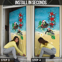Hawaiian Mele Kalikimaka Door Cover Tropical Xmas Turtles Red Poinsettia Watercolor LT03 - Polynesian Pride