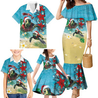 Hawaiian Mele Kalikimaka Family Matching Mermaid Dress and Hawaiian Shirt Tropical Xmas Turtles Red Poinsettia Watercolor - Polynesian Pride