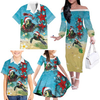 Hawaiian Mele Kalikimaka Family Matching Off The Shoulder Long Sleeve Dress and Hawaiian Shirt Tropical Xmas Turtles Red Poinsettia Watercolor - Polynesian Pride