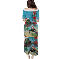 Hawaiian Mele Kalikimaka Family Matching Puletasi and Hawaiian Shirt Tropical Xmas Turtles Red Poinsettia Watercolor - Polynesian Pride