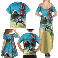Hawaiian Mele Kalikimaka Family Matching Summer Maxi Dress and Hawaiian Shirt Tropical Xmas Turtles Red Poinsettia Watercolor - Polynesian Pride