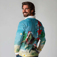 Hawaiian Mele Kalikimaka Long Sleeve Polo Shirt Tropical Xmas Turtles Red Poinsettia Watercolor - Polynesian Pride