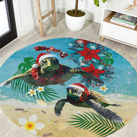 Hawaiian Mele Kalikimaka Round Carpet Tropical Xmas Turtles Red Poinsettia Watercolor - Polynesian Pride