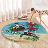 Hawaiian Mele Kalikimaka Round Carpet Tropical Xmas Turtles Red Poinsettia Watercolor - Polynesian Pride