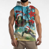 Hawaiian Mele Kalikimaka Sleeveless Hoodie Tropical Xmas Turtles Red Poinsettia Watercolor LT03 - Polynesian Pride