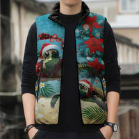 Hawaiian Mele Kalikimaka Sleeveless Puffer Jacket Tropical Xmas Turtles Red Poinsettia Watercolor - Polynesian Pride