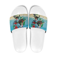Hawaiian Mele Kalikimaka Slide Sandals Tropical Xmas Turtles Red Poinsettia Watercolor - Polynesian Pride