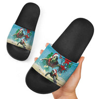 Hawaiian Mele Kalikimaka Slide Sandals Tropical Xmas Turtles Red Poinsettia Watercolor - Polynesian Pride