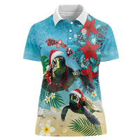 Hawaiian Mele Kalikimaka Women Polo Shirt Tropical Xmas Turtles Red Poinsettia Watercolor LT03 Female Multicolor - Polynesian Pride