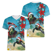 Hawaiian Mele Kalikimaka Women V-Neck T-Shirt Tropical Xmas Turtles Red Poinsettia Watercolor - Polynesian Pride