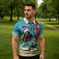 Hawaiian Mele Kalikimaka Zipper Polo Shirt Tropical Xmas Turtles Red Poinsettia Watercolor LT03 - Polynesian Pride