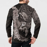 Hawaiian Plumeria and Hibiscus with Turtles Button Sweatshirt Polynesian Art Grayscale - Polynesian Pride