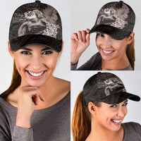 Hawaiian Plumeria and Hibiscus with Turtles Classic Cap Polynesian Art Grayscale - Polynesian Pride