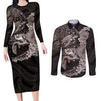 Hawaiian Plumeria and Hibiscus with Turtles Couples Matching Long Sleeve Bodycon Dress and Long Sleeve Button Shirt Polynesian Art Grayscale LT03 Black - Polynesian Pride