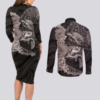 Hawaiian Plumeria and Hibiscus with Turtles Couples Matching Long Sleeve Bodycon Dress and Long Sleeve Button Shirt Polynesian Art Grayscale LT03 - Polynesian Pride