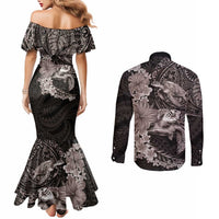 Hawaiian Plumeria and Hibiscus with Turtles Couples Matching Mermaid Dress and Long Sleeve Button Shirt Polynesian Art Grayscale LT03 - Polynesian Pride