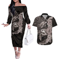 Hawaiian Plumeria and Hibiscus with Turtles Couples Matching Off The Shoulder Long Sleeve Dress and Hawaiian Shirt Polynesian Art Grayscale - Polynesian Pride