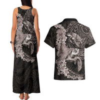 Hawaiian Plumeria and Hibiscus with Turtles Couples Matching Tank Maxi Dress and Hawaiian Shirt Polynesian Art Grayscale - Polynesian Pride