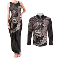 Hawaiian Plumeria and Hibiscus with Turtles Couples Matching Tank Maxi Dress and Long Sleeve Button Shirt Polynesian Art Grayscale LT03 Black - Polynesian Pride
