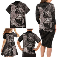 Hawaiian Plumeria and Hibiscus with Turtles Family Matching Long Sleeve Bodycon Dress and Hawaiian Shirt Polynesian Art Grayscale - Polynesian Pride