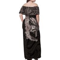 Hawaiian Plumeria and Hibiscus with Turtles Family Matching Off Shoulder Maxi Dress and Hawaiian Shirt Polynesian Art Grayscale - Polynesian Pride