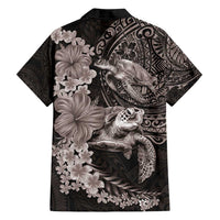 Hawaiian Plumeria and Hibiscus with Turtles Family Matching Off Shoulder Short Dress and Hawaiian Shirt Polynesian Art Grayscale - Polynesian Pride