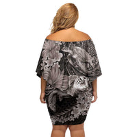Hawaiian Plumeria and Hibiscus with Turtles Family Matching Off Shoulder Short Dress and Hawaiian Shirt Polynesian Art Grayscale - Polynesian Pride