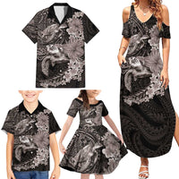 Hawaiian Plumeria and Hibiscus with Turtles Family Matching Summer Maxi Dress and Hawaiian Shirt Polynesian Art Grayscale - Polynesian Pride