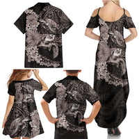 Hawaiian Plumeria and Hibiscus with Turtles Family Matching Summer Maxi Dress and Hawaiian Shirt Polynesian Art Grayscale - Polynesian Pride