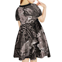 Hawaiian Plumeria and Hibiscus with Turtles Kid Short Sleeve Dress Polynesian Art Grayscale - Polynesian Pride