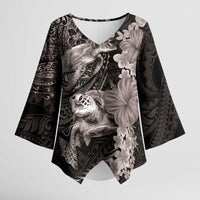 Hawaiian Plumeria and Hibiscus with Turtles Kimono Sleeve Blouse Polynesian Art Grayscale LT03 Female Black - Polynesian Pride