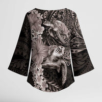 Hawaiian Plumeria and Hibiscus with Turtles Kimono Sleeve Blouse Polynesian Art Grayscale LT03 - Polynesian Pride