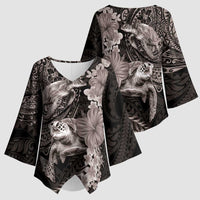 Hawaiian Plumeria and Hibiscus with Turtles Kimono Sleeve Blouse Polynesian Art Grayscale LT03 - Polynesian Pride