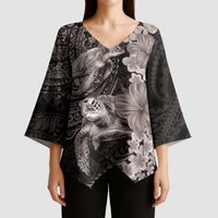 Hawaiian Plumeria and Hibiscus with Turtles Kimono Sleeve Blouse Polynesian Art Grayscale LT03 - Polynesian Pride