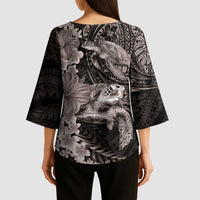Hawaiian Plumeria and Hibiscus with Turtles Kimono Sleeve Blouse Polynesian Art Grayscale LT03 - Polynesian Pride