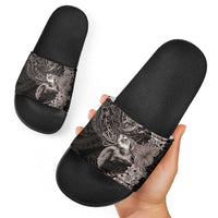 Hawaiian Plumeria and Hibiscus with Turtles Slide Sandals Polynesian Art Grayscale - Polynesian Pride