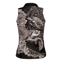 Hawaiian Plumeria and Hibiscus with Turtles Women Sleeveless Polo Shirt Polynesian Art Grayscale LT03 - Polynesian Pride
