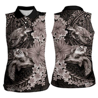 Hawaiian Plumeria and Hibiscus with Turtles Women Sleeveless Polo Shirt Polynesian Art Grayscale LT03 - Polynesian Pride